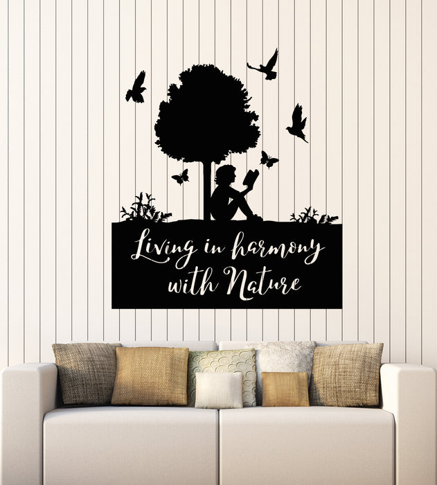 Vinyl Wall Decal Home Library Decor Living Is Harmony With Nature Birds Stickers Mural (g3119)