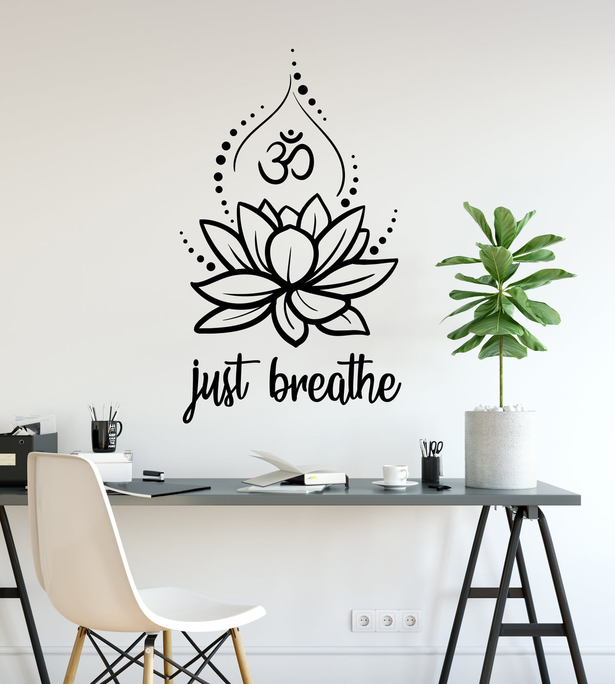 Vinyl Wall Decal Just Breathe Lotus Flower Om Yoga Hindusim Relax Spa