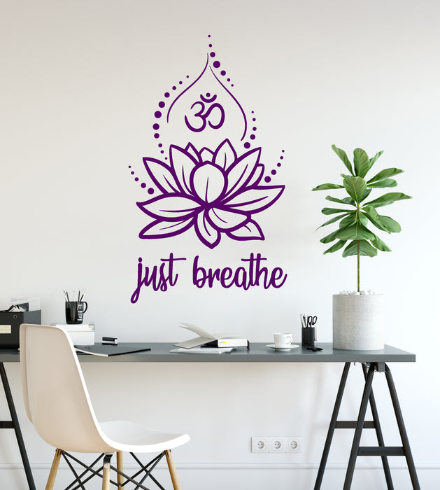 Vinyl Wall Decal Just Breathe Lotus Flower Om Yoga Hindusim Relax Spa Stickers Mural (ig6201)