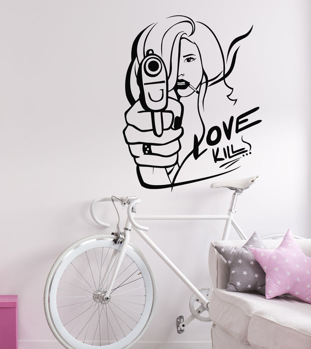 Vinyl Wall Decal Killer Girl With Gun Phrase Love Kill Cigarette Stickers Mural (g6198)