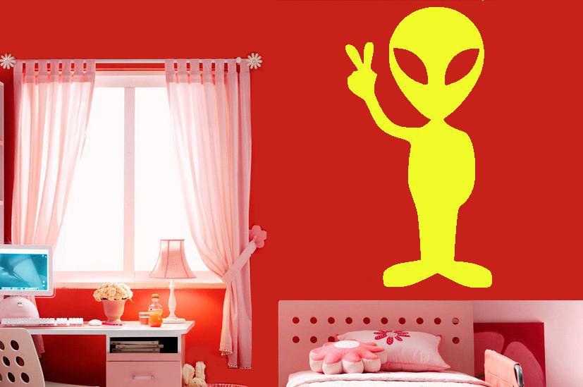 Vinyl Decal Funny Alien Peace Sign Green Friends Area 51 Mural Wall Art Sticker for Children's Room Unique Gift (m043)