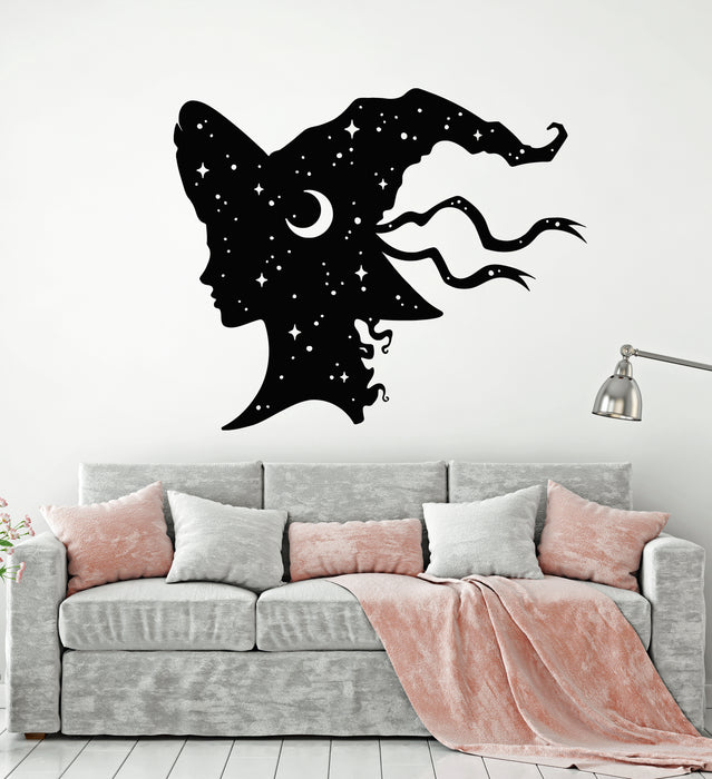 Vinyl Wall Decal Magic Girl Witch With Hat Night Stars Moon Stickers Mural (g4099)