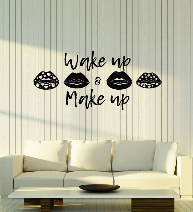 Vinyl Wall Decal Phrase Wake Up Make Up Lips Cosmetics Stickers Mural (g3556)