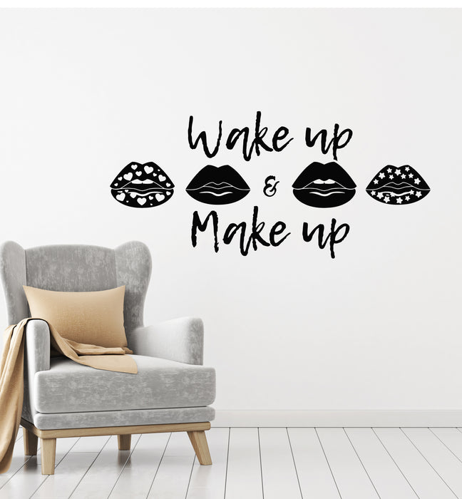 Vinyl Wall Decal Phrase Wake Up Make Up Lips Cosmetics Stickers Mural (g3556)