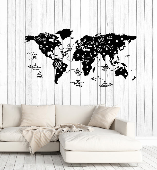 Vinyl Wall Decal Cartoon World Map Ways Earth Travel Ships Stickers Mural (g3555)