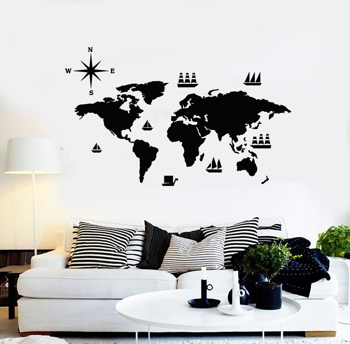 Vinyl Wall Decal Travel World Map Ship Yacht Waves Tourism Stickers Mu ...