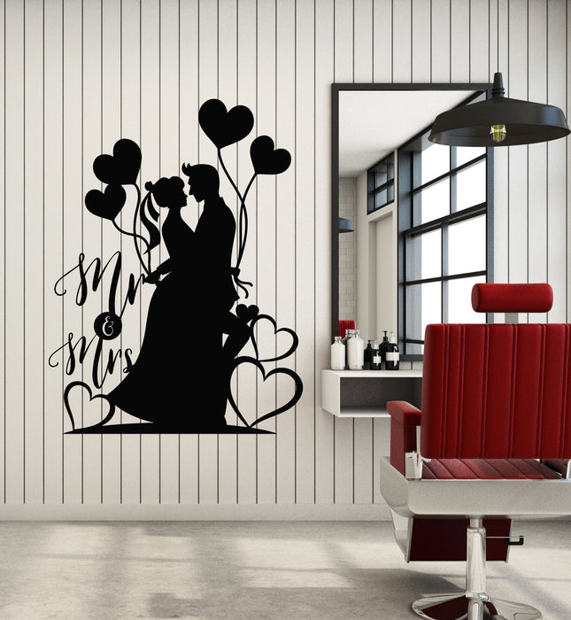 Vinyl Wall Decal Mr Mrs Kissing Silhouette Newlyweds Heart Balloons Stickers Mural (g7604)