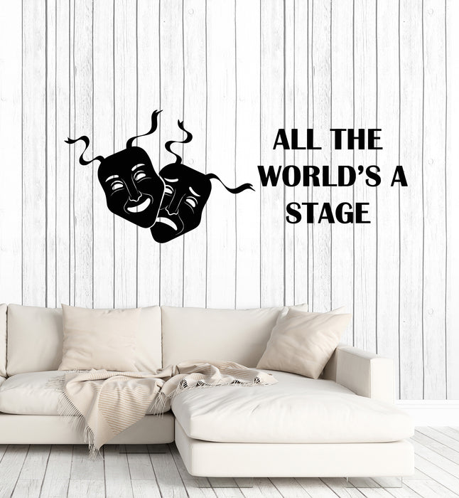 Vinyl Wall Decal Words All the World's Stage Theatre Masks Stickers Mural (g6064)