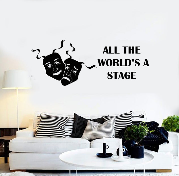 Vinyl Wall Decal Words All the World's Stage Theatre Masks Stickers Mural (g6064)