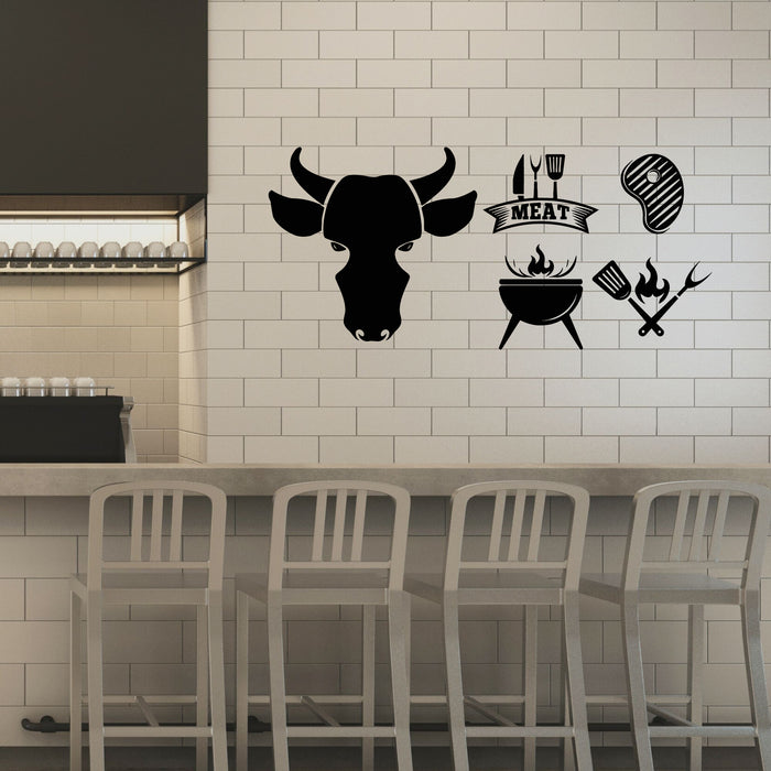 Vinyl Wall Decal Bull Logo Beef Steak Grill Fresh Meat Barbecue Stickers Mural (g8407)