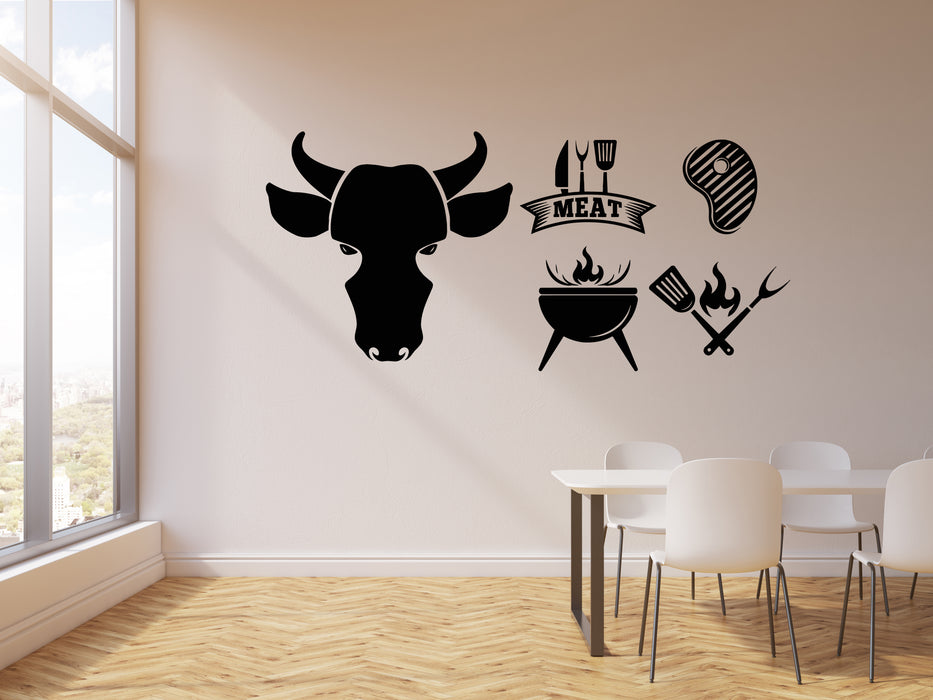 Vinyl Wall Decal Bull Logo Beef Steak Grill Fresh Meat Barbecue Stickers Mural (g8407)