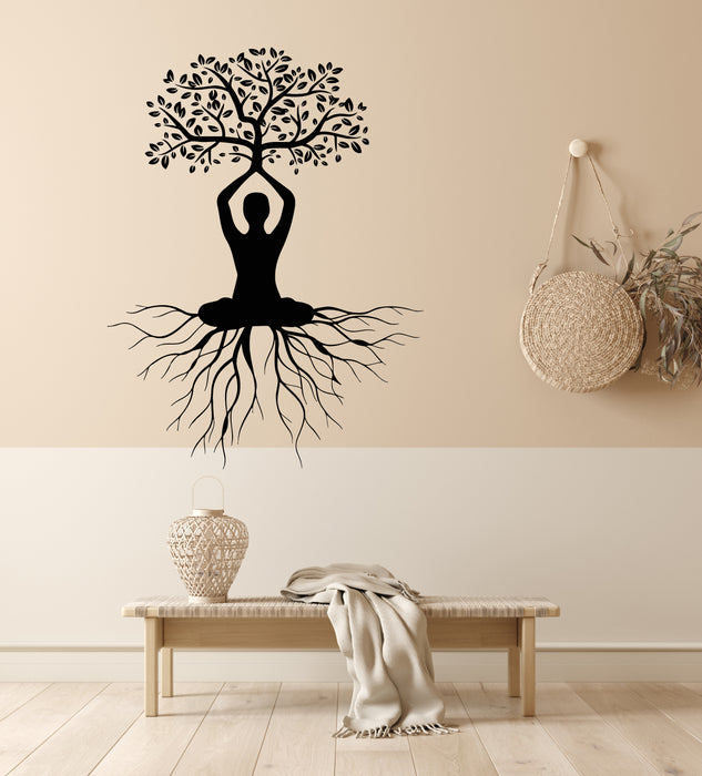 Vinyl Wall Decal Tree Leaves Roots Meditation Man Lotus Pose Yoga Stickers Mural (g8024)
