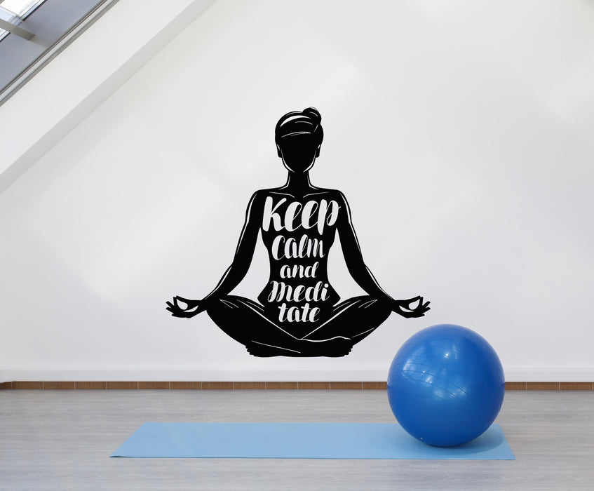 Vinyl Wall Decal Keep Calm And Meditate Yoga Studio Lotus Pose Stickers Mural (g5669)