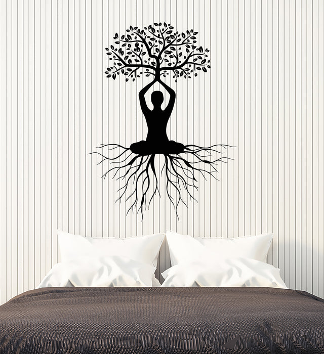 Vinyl Wall Decal Tree Leaves Roots Meditation Man Lotus Pose Yoga Stickers Mural (g8024)