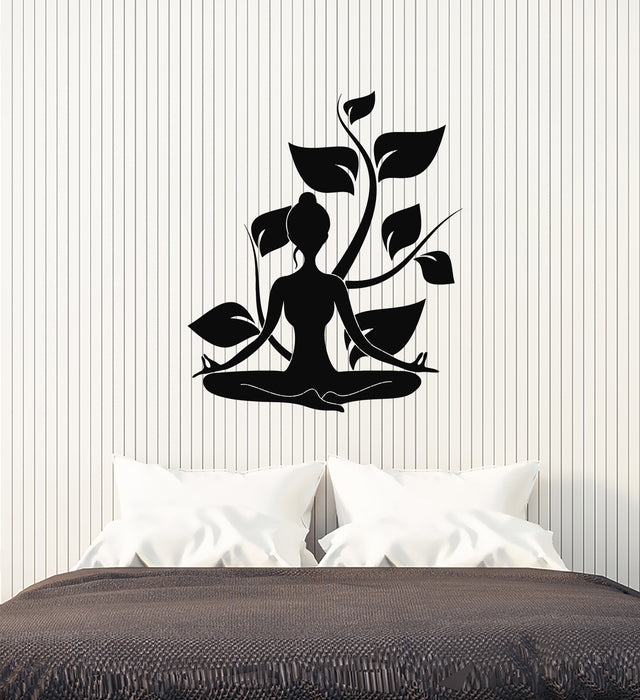 Vinyl Wall Decal Meditation Girl Yoga Studio Zen Leaves Nature Stickers Mural (g3822)
