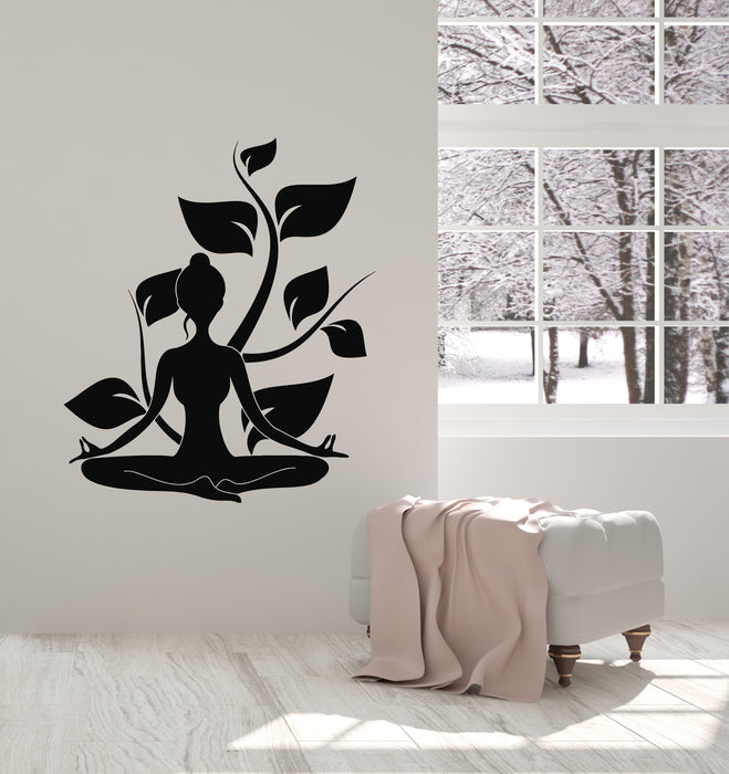 Vinyl Wall Decal Meditation Girl Yoga Studio Zen Leaves Nature Stickers Mural (g3822)