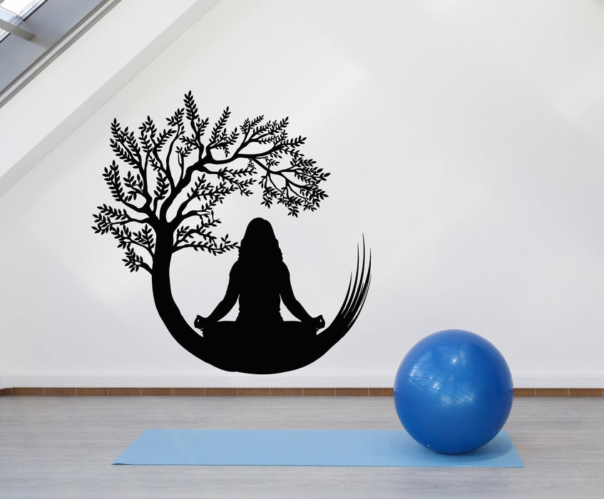 Vinyl Wall Decal Meditation Woman Sitting On Tree Silhouette Yoga Stickers Mural (g8014)