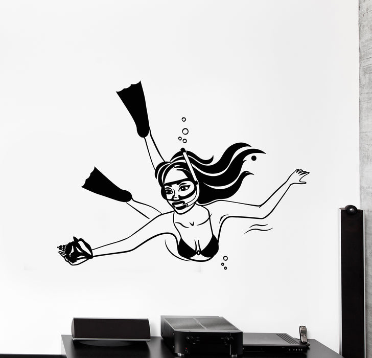 Vinyl Wall Decal Woman Underwater Diving Shell Girl In Swimsuit Stickers Mural (g316)