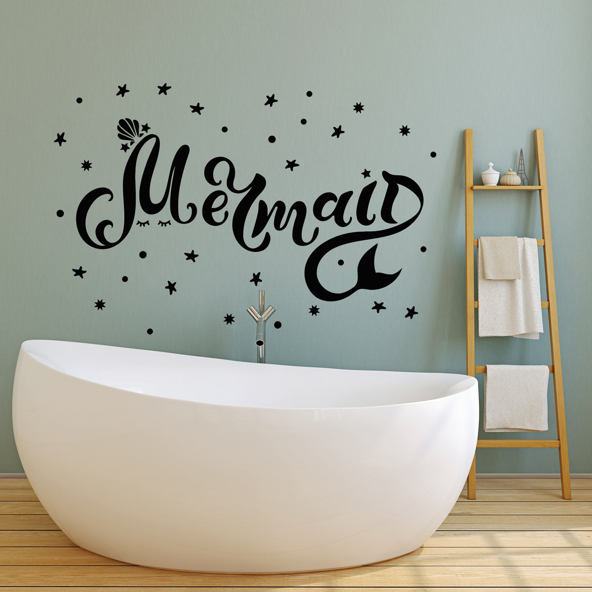 Vinyl Wall Decal Mermaid Inscription Stars Sea Ocean Bathroom Stickers ...