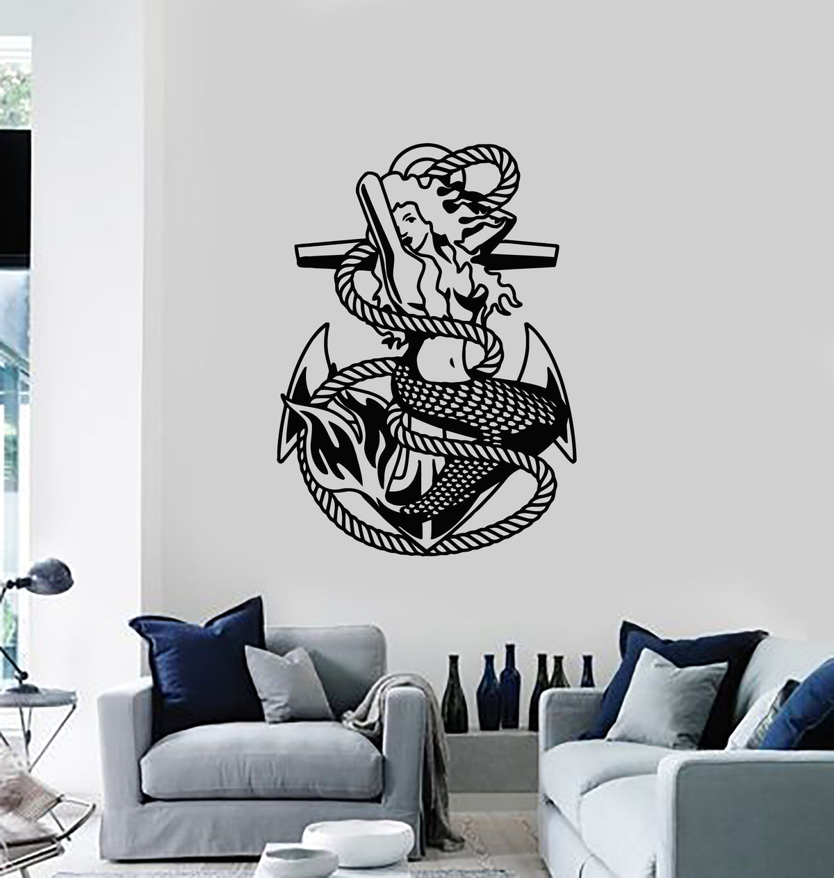 Vinyl Wall Decal Mermaid Rope Anchor Ocean Girl Sea Marine Style Stick ...