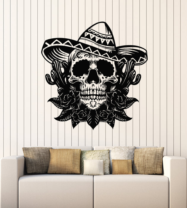 Vinyl Wall Decal Mexican Skull In Hat Sombrero Cacti Flowers Stickers Mural (g7354)