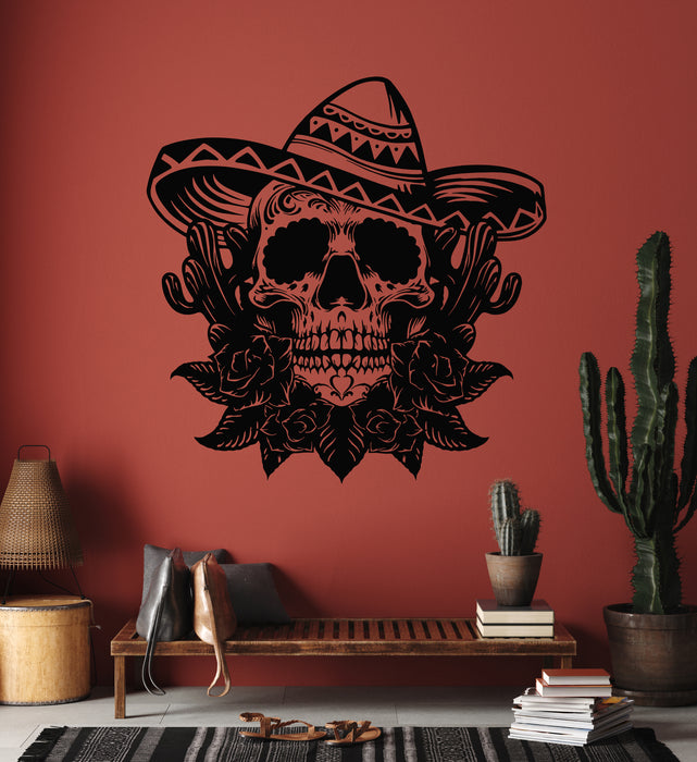 Vinyl Wall Decal Mexican Skull In Hat Sombrero Cacti Flowers Stickers Mural (g7354)