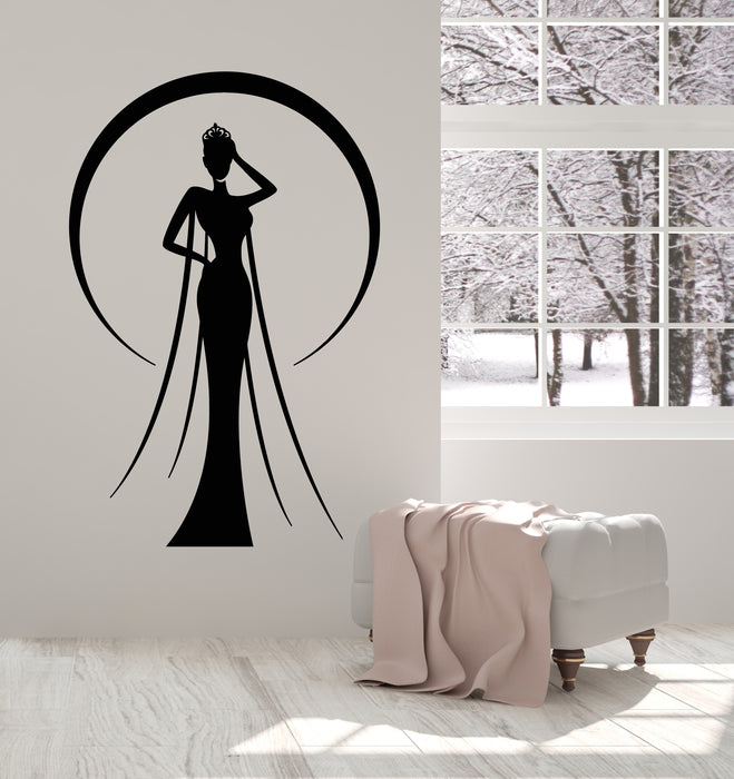 Vinyl Wall Decal Miss Beauty Crown Lady In Evening Dress Stickers Mural (g619)