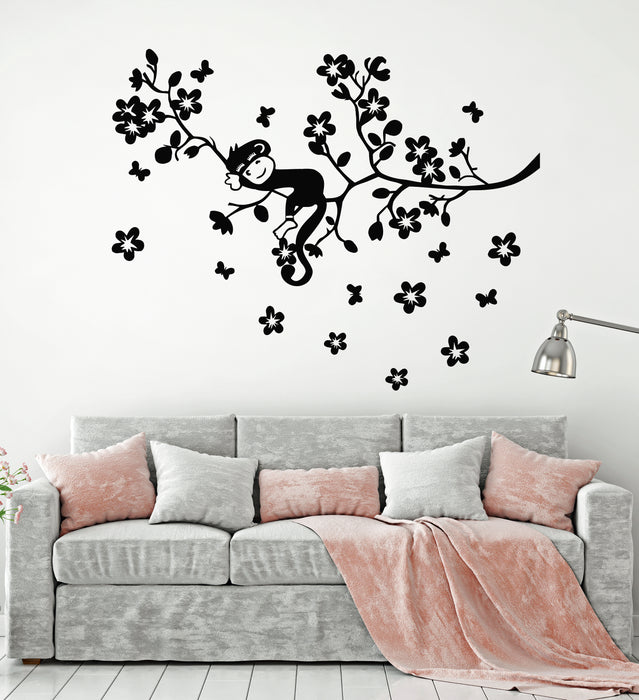 Vinyl Wall Decal Tree Branch Monkey Sleep Zoo Animals Flowers Stickers Mural (g2795)