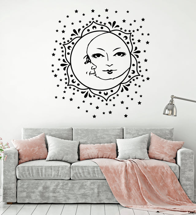 Vinyl Wall Decal Moon And Sun Stars Flower Face Bedroom Decor Stickers Mural (g156)