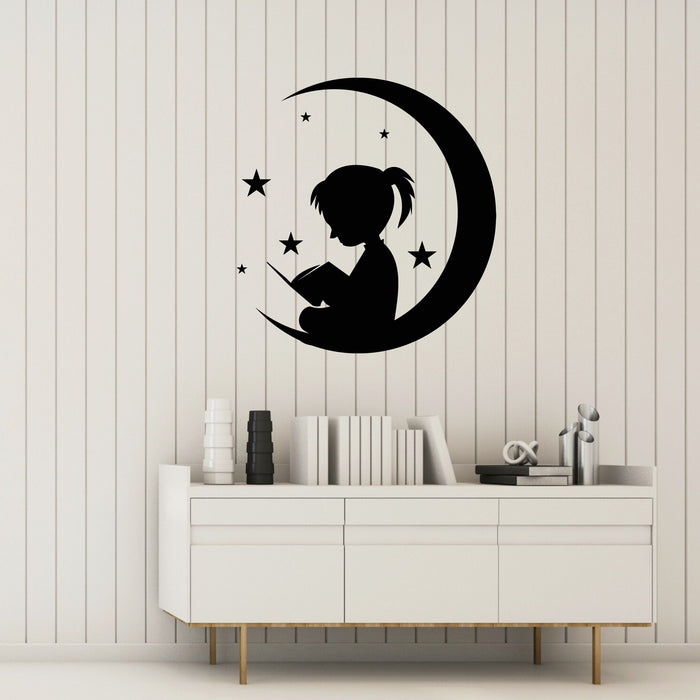 Moon and Girl Wall Vinyl Decal Stars Reading Decor for Book Shop Store Nursery Stickers Mural (k301)