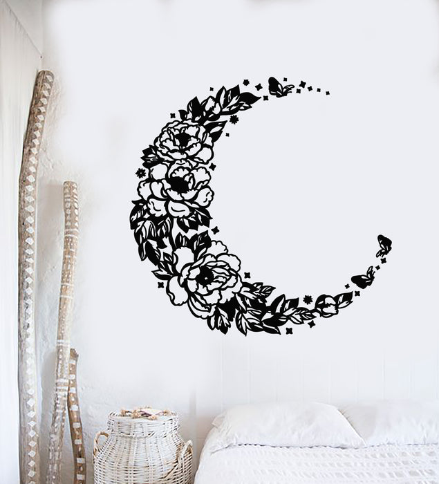 Vinyl Wall Decal Crescent Moon Floral Flowers Goodnight Art Stickers Mural (g4655)
