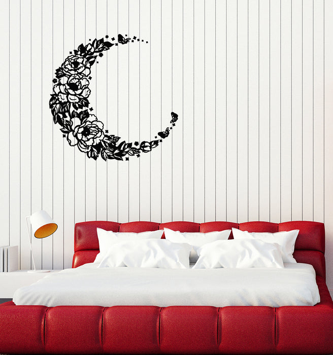Vinyl Wall Decal Crescent Moon Floral Flowers Goodnight Art Stickers Mural (g4655)