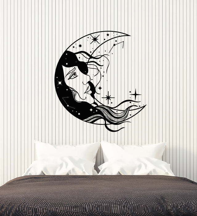Vinyl Wall Decal Crescent Moon Good Night Girl Face Bedroom Stickers Mural (g4408)