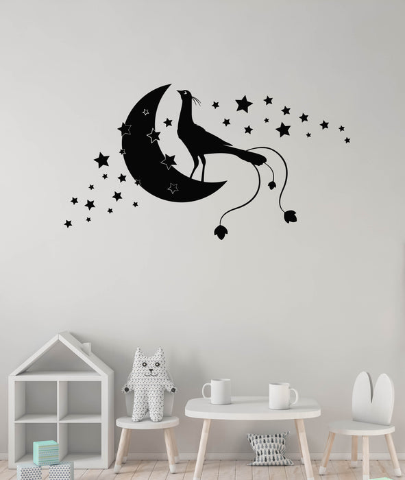 Vinyl Wall Decal Amazing Bird On The Moon Crescent Night Bedroom Stickers Mural (g8163)
