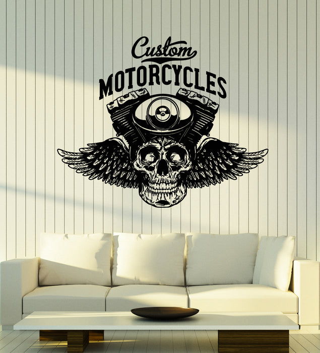 Vinyl Wall Decal Vintage Motorcycle Emblem Skull With Wings Stickers Mural (g7938)