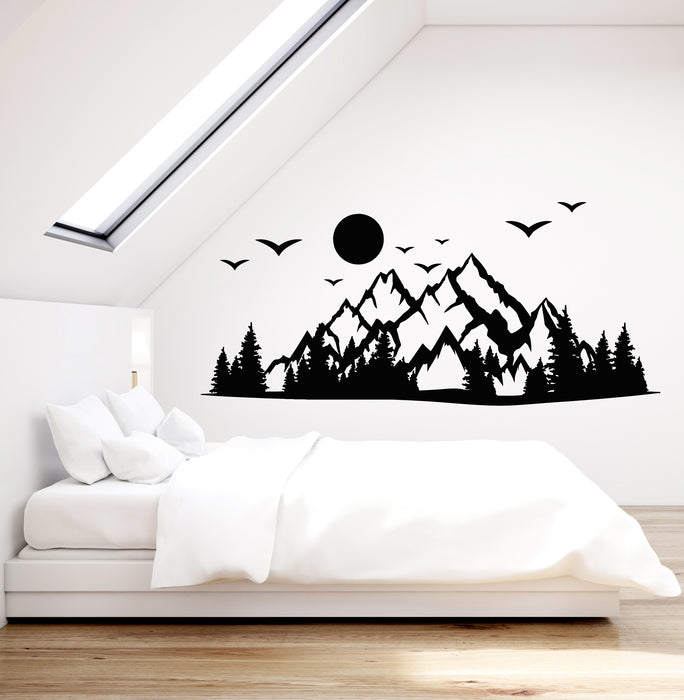 Vinyl Wall Decal Camp Mountains Silhouette Forest Birds Nature Stickers Mural (g7965)