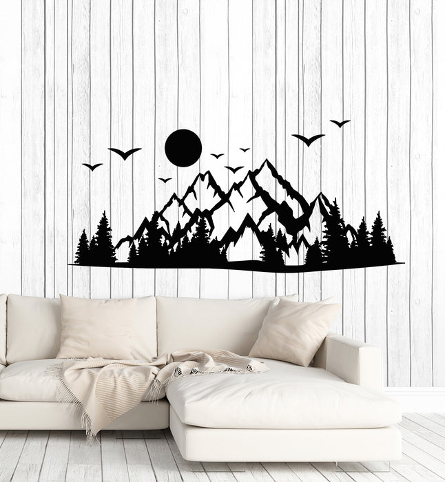 Vinyl Wall Decal Camp Mountains Silhouette Forest Birds Nature Stickers Mural (g7965)