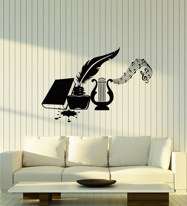 Vinyl Wall Decal  Musical Instrument Harp Book Feather Manuscript Stickers Mural (g1635)