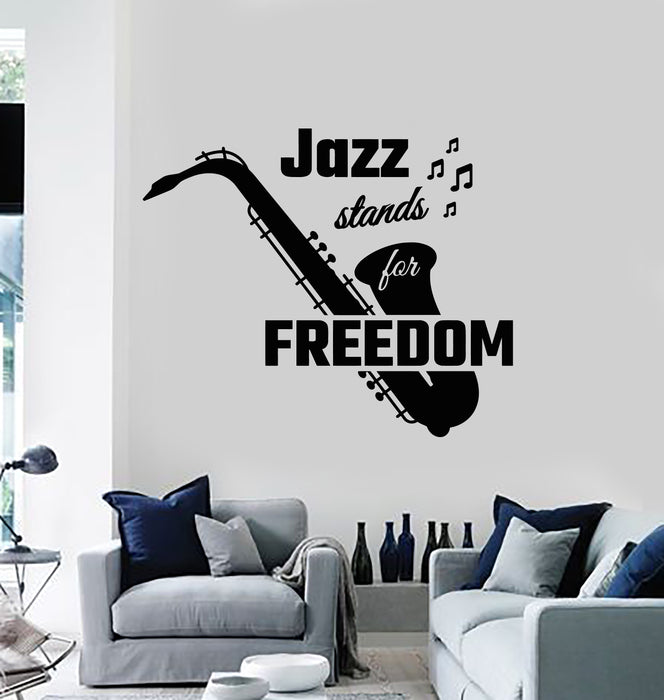 Vinyl Wall Decal Jazz Stands For Freedom Quote Saxophone Music Notes Stickers Mural (g1864)