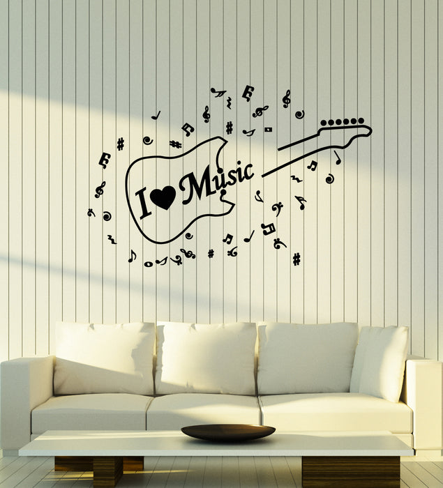 Vinyl Wall Decal Rock I Love Music Abstract Guitar Musical Notes Stickers Mural (g2302)