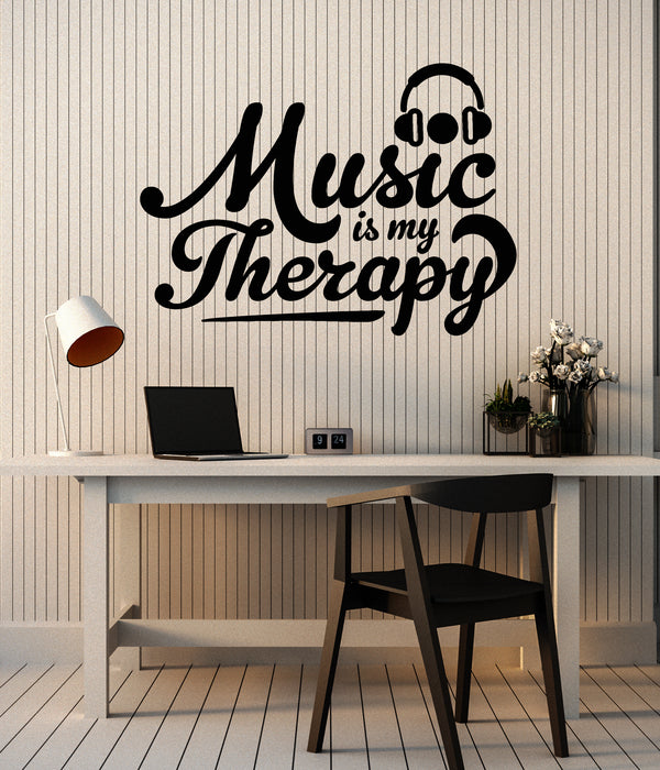 Vinyl Wall Decal Phrase Music Therapy Headphones Teen Room Stickers Mural (g2436)