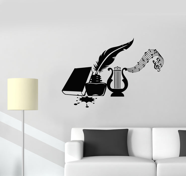Vinyl Wall Decal  Musical Instrument Harp Book Feather Manuscript Stickers Mural (g1635)