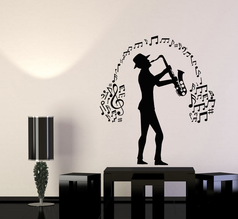 Vinyl Wall Decal Instrument Saxophonist Musician Jazz Music Notes Headphones Stickers Mural (g7665)