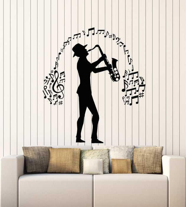 Vinyl Wall Decal Instrument Saxophonist Musician Jazz Music Notes Headphones Stickers Mural (g7665)