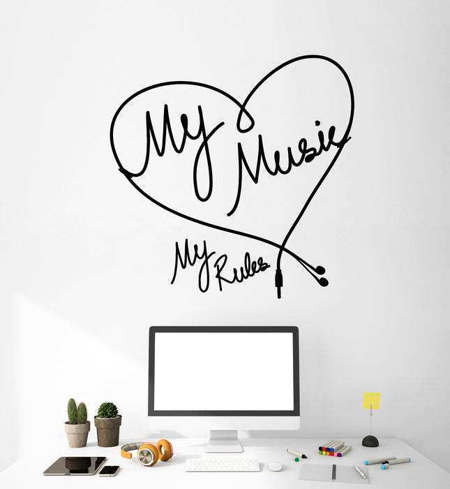 Vinyl Wall Decal Musical Quote My Music My Rules Headphones Stickers Mural (g1489)
