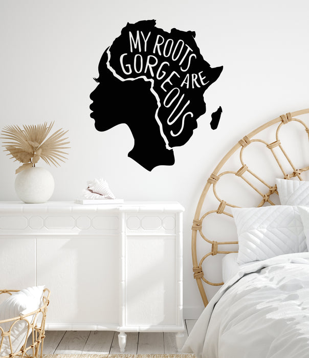 Vinyl Wall Decal Phrase My Roots Gorgeous African Map Afro Woman Stickers Mural (g7471)