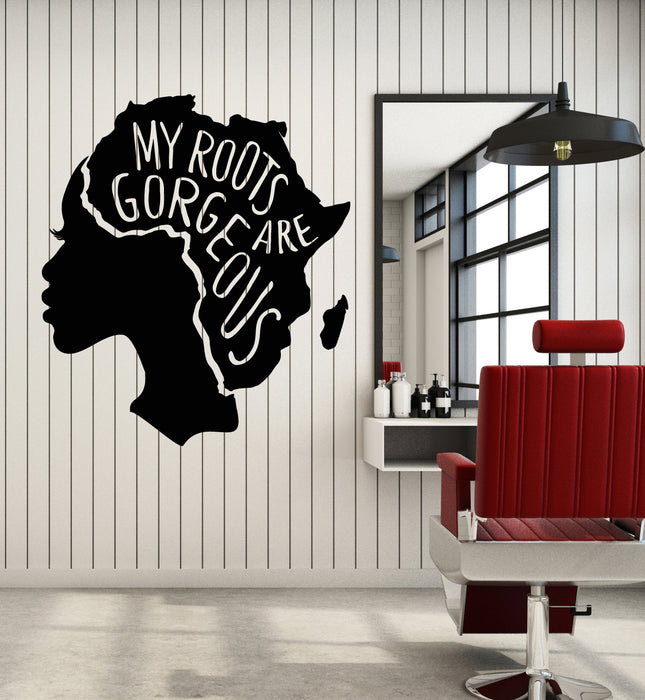 Vinyl Wall Decal Phrase My Roots Gorgeous African Map Afro Woman Stickers Mural (g7471)