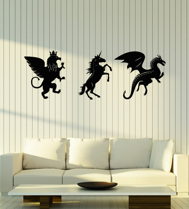 Vinyl Wall Decal Heraldry Lion Dragon Unicorn Myth Animals Stickers Mural (g7807)