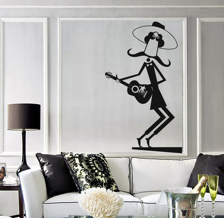 Grand autocollant mural en vinyle représentant un guitariste espagnol et des musiciens portant un chapeau (n1000)
