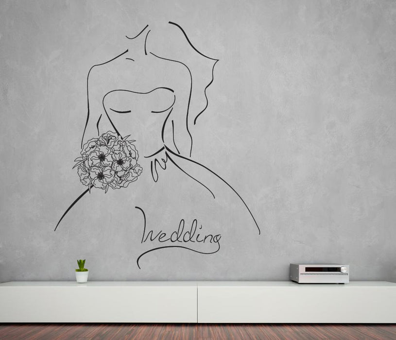 Large Vinyl Decal Wall Sticker Wedding Contour Sketch Bride with Bouquet (n1002)